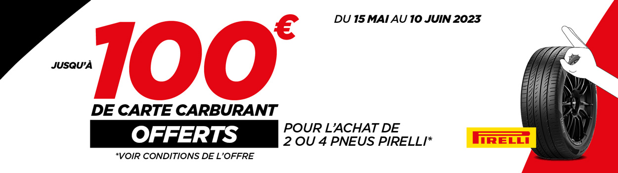 Jusqu'à 100€* de carte carburant offerts pour l'achat de 2 ou 4 pneus Pirelli